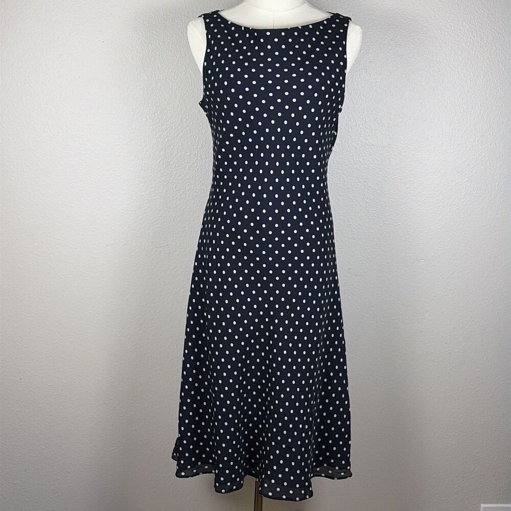 Vintage Jones Country Silk Blue Polka Dot Midi Dress Size 10 Retro 90s Pin-Up